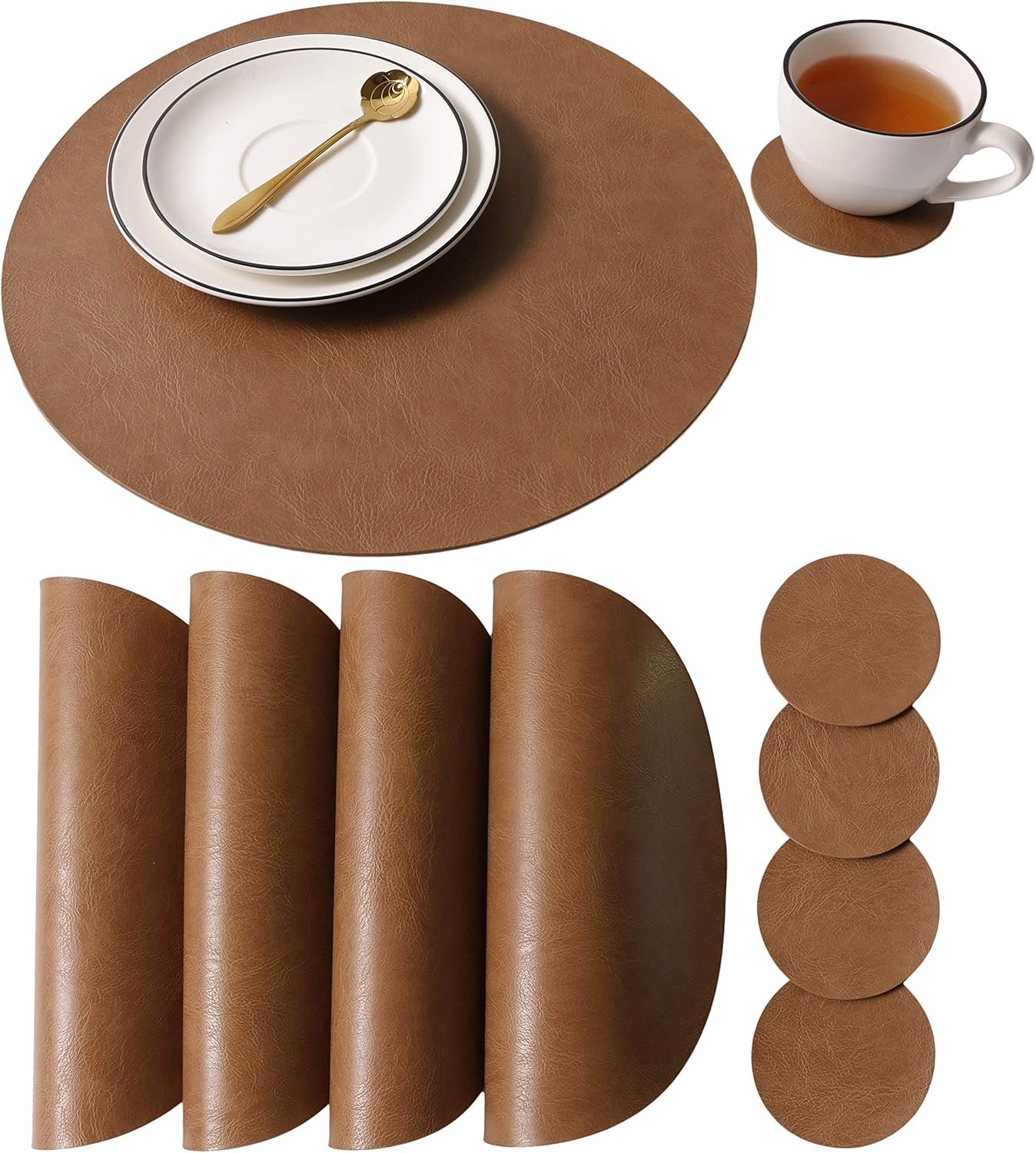 Jovono Embossed PU Leather Placemats, Waterproof Coffee Coasters, Kitchen Table Mats, Easy to Wipe Off for Dining Round Table