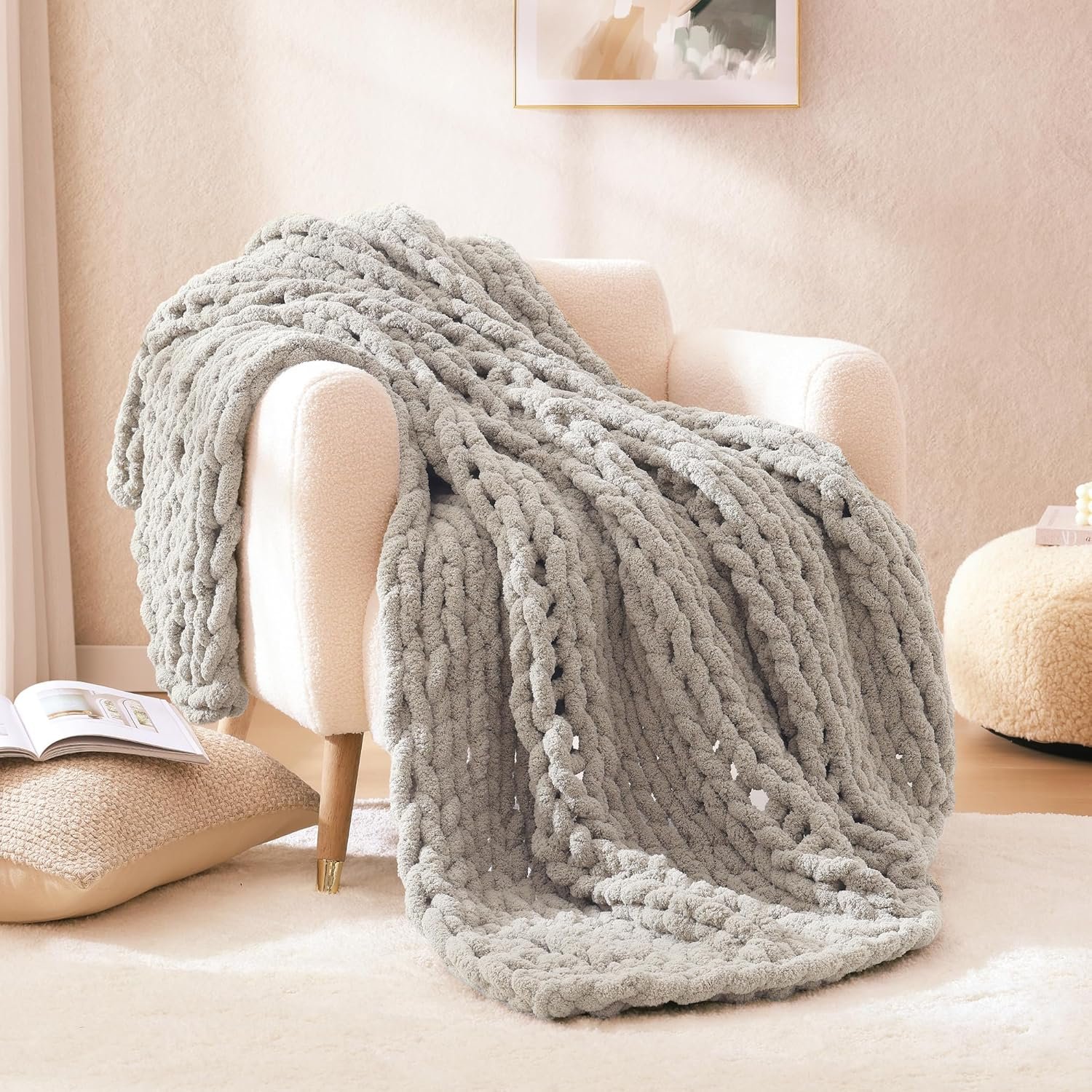 WRENSONGE Chunky Knit Blanket Throw Taupe Large Soft Fluffy Cable Knit Crochet Throw 100% Hand Knitted Blanket for Couch Bed(50″x60″)