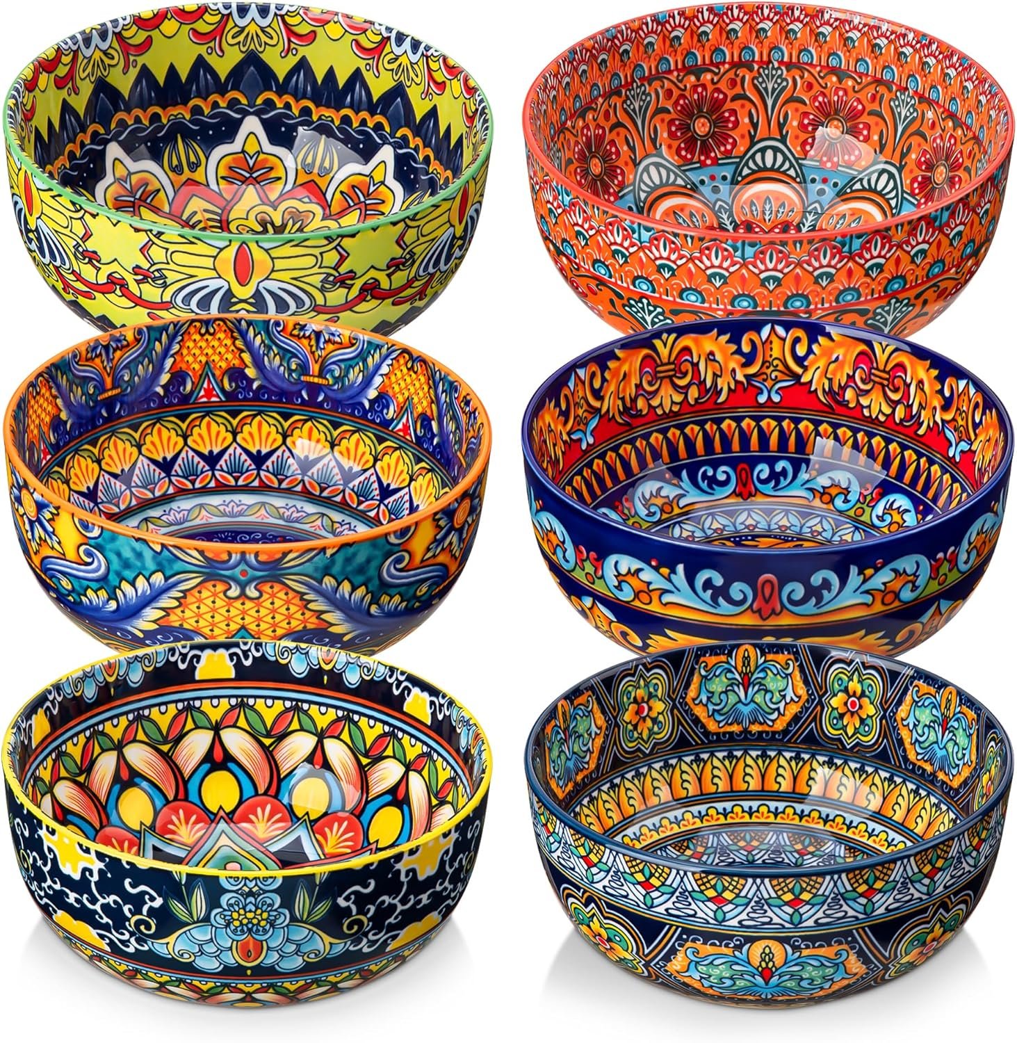 vancasso Cereal Bowls Set of 6, Porcelain Bowls for Eating, 28 oz Colorful Soup Bowls, Bohemian Ceramic Bowls for Salad, Fruit, Pasta, Microwave & Dishwasher Safe Bowls Set