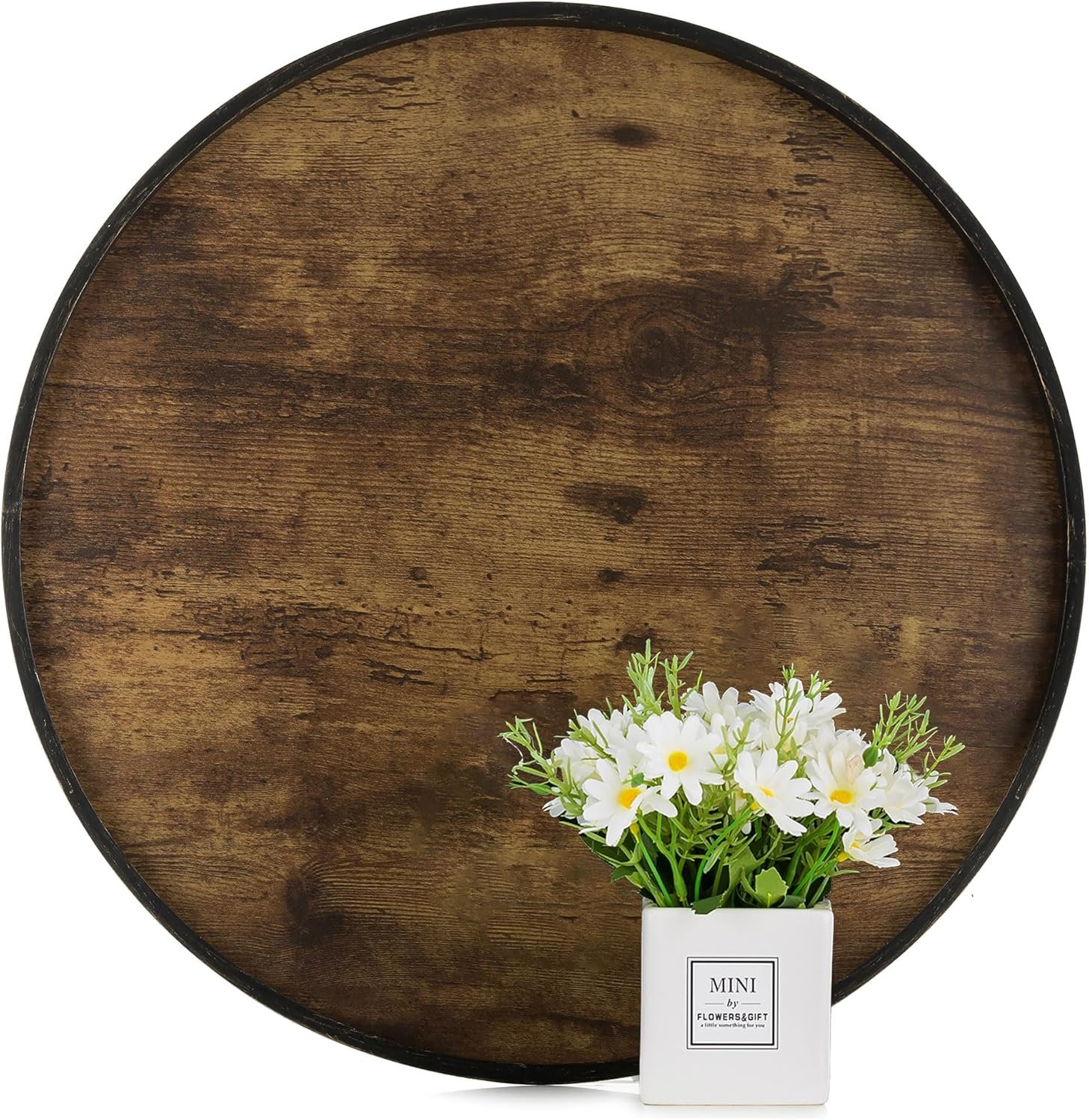 Hanobe Decorative Coffee Table Tray: Brown Wood Tray Round Rustic Wooden Trays Circle Farmhouse Centerpiece Candle Holder for Home Decor Ottoman Counter Display Living Room Organizer 18″