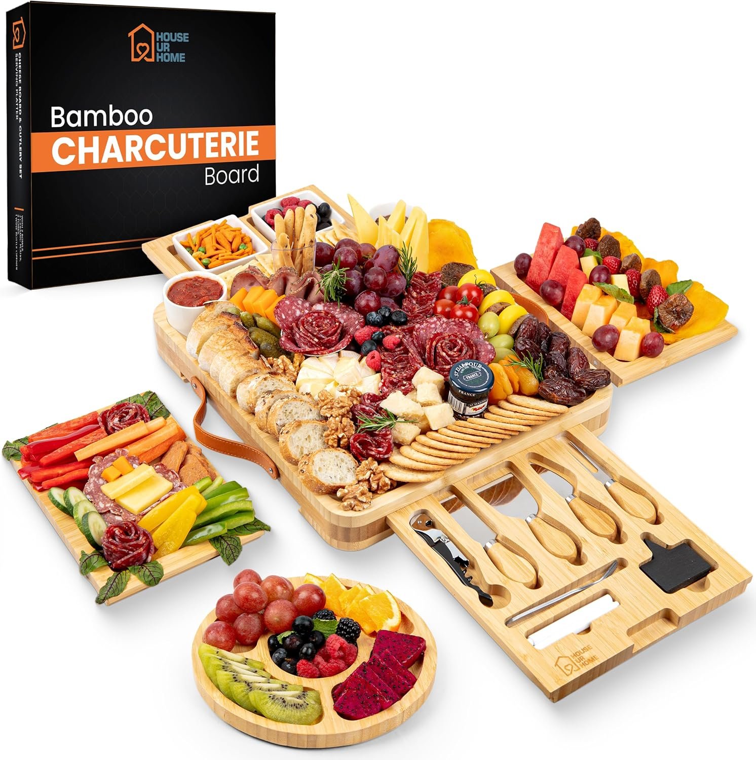 Bamboo Charcuterie Board Gift Set | Large Cheese Board with Hidden Drawers, Knives & Bowls | Perfect Housewarming, Wedding for Couples and Hosts