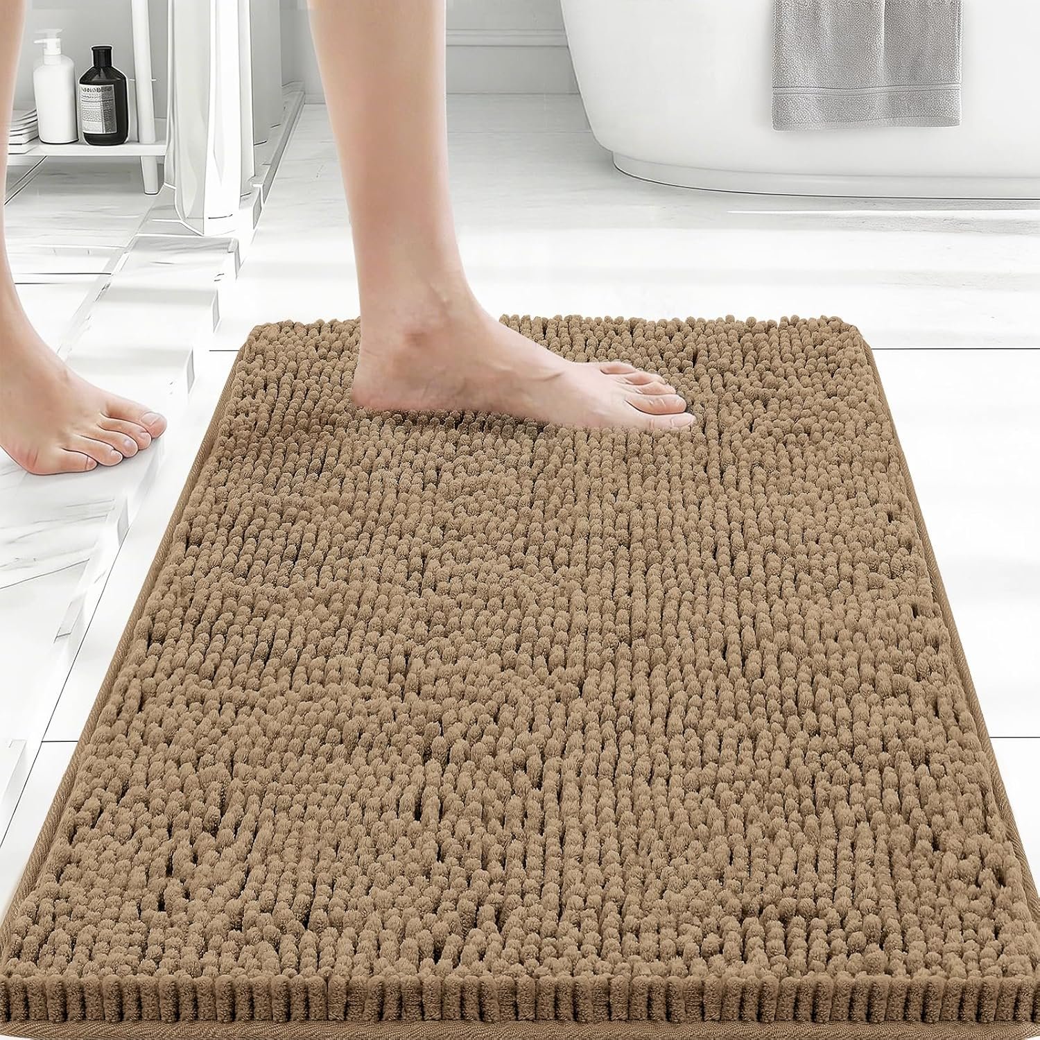 Bcoimo 24×17 Chenille Bath Mat – Non-Slip with Backing Bath Rug Ultra-Absorbent and Machine Washable Bathroom Mat Quick-Dry Design. Ideal for Bathroom Shower and Tub Areas