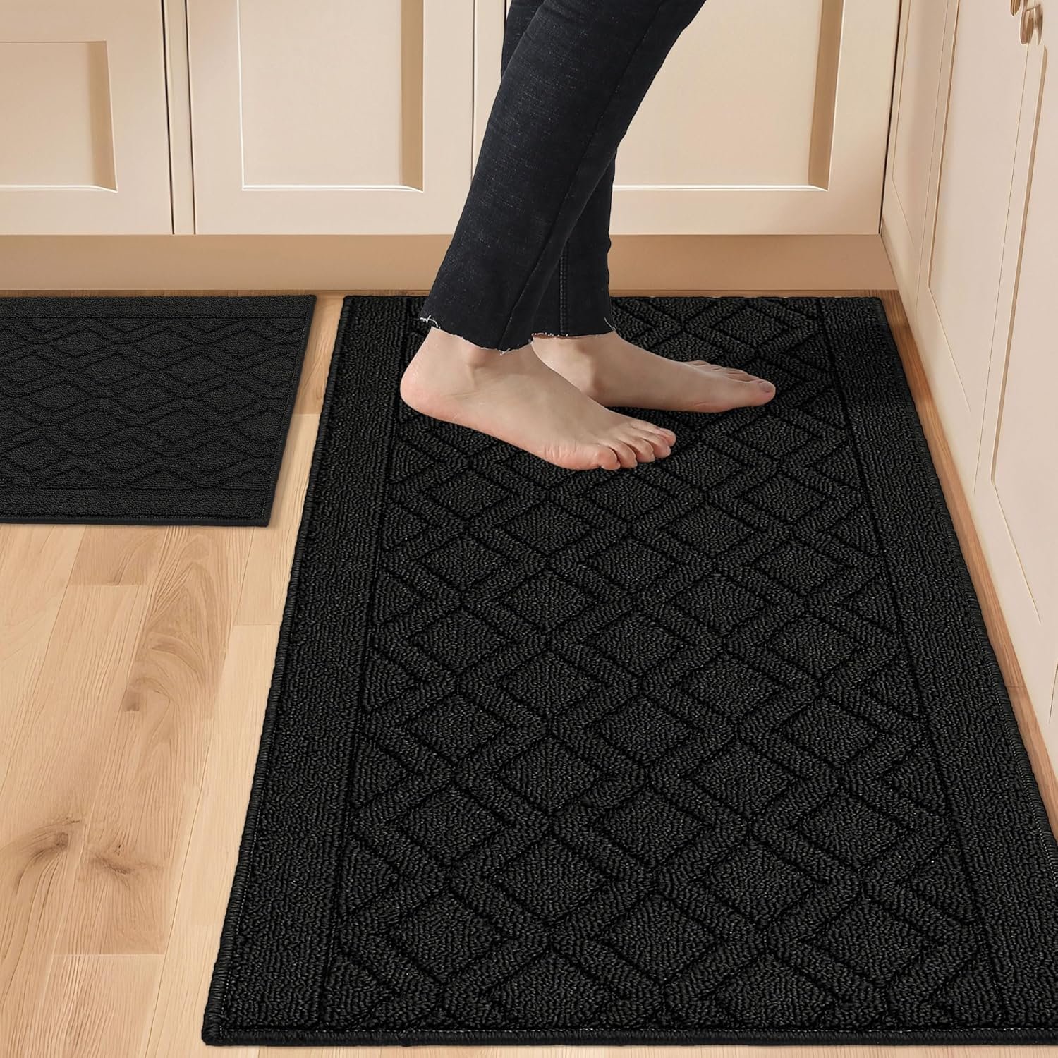 COSY HOMEER 48×20 Inch/30X20 Inch Kitchen Rug Mats Made of 100% Polypropylene 2 Pieces Soft Kitchen Mat Specialized in Anti Slippery and Machine Washable,Black