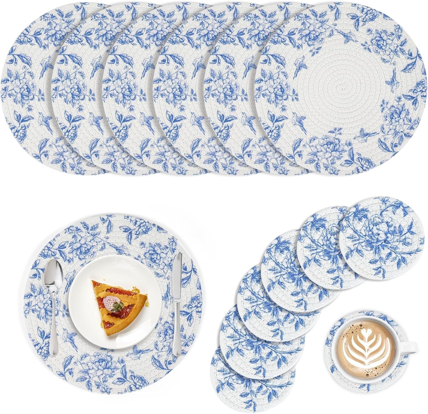Blue and White Placemats Coasters Set of 6 Floral Round Woven Placemat Bulk Chinoiserie Braided Placemats Washable Cotton Rope Place Mats Heat Resistant Table Mats for Home Wedding Party Decor