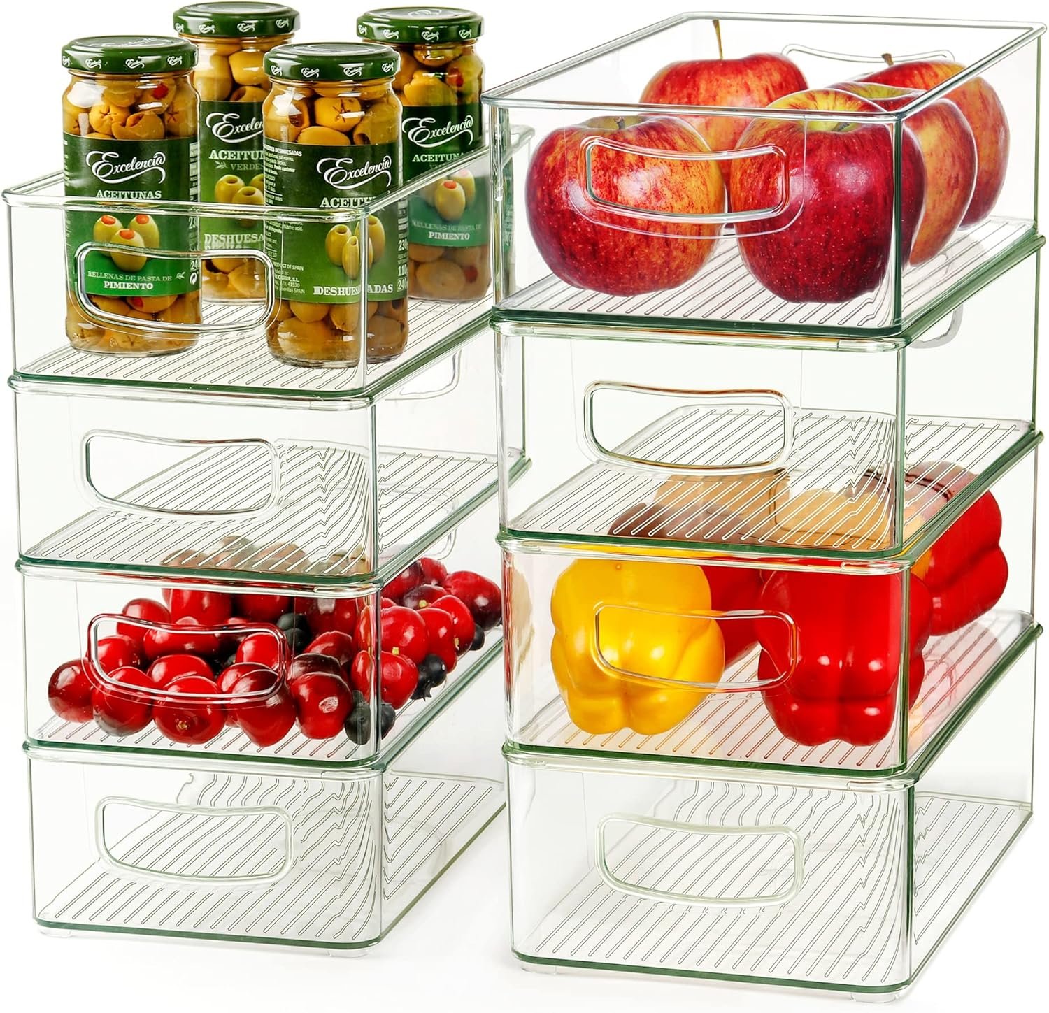 Hudgan Clear Storage Bins 8 Packs for Refrigerator, 4 Large Stackable Pantry Organizer Bins and 4 Medium Storage Plastic Containers for Home Edit, Kitchen, Freezer, Bathroom, Drawers, Shelves