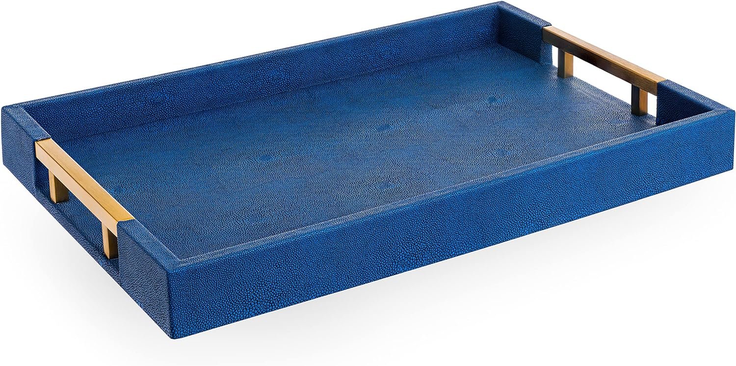 Modern Elegant 17.5”x12” Rectangle Navy Blue Faux Leather Shagreen Decorative Tray Ottoman Tray Coffee Table Perfume Living Room Kitchen Serving Tray with Brass Gold Metal Handles by Home Redefined.