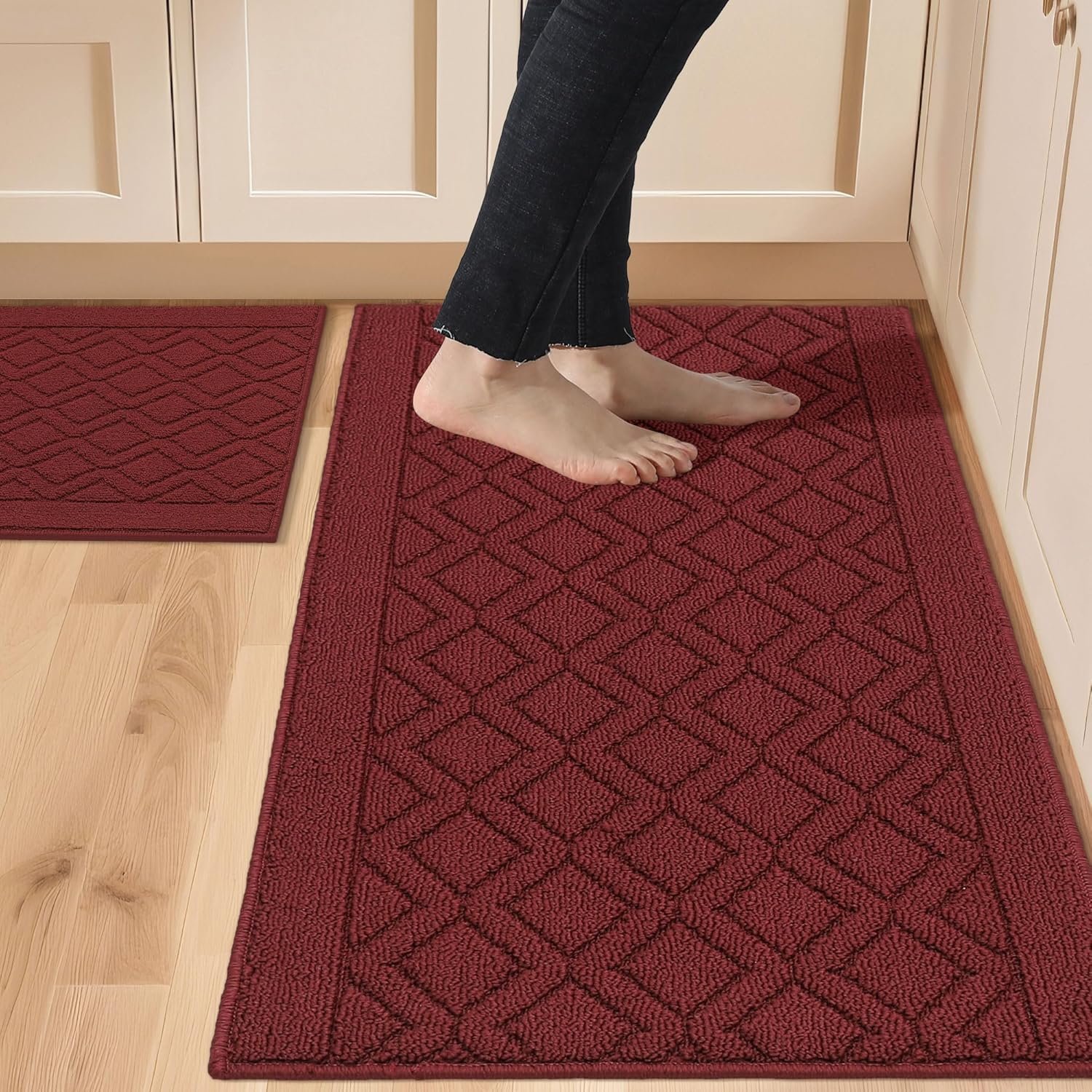COSY HOMEER 48×20 Inch/30X20 Inch Kitchen Rug Mats Made of 100% Polypropylene 2 Pieces Soft Kitchen Mat Specialized in Anti Slippery and Machine Washable,red