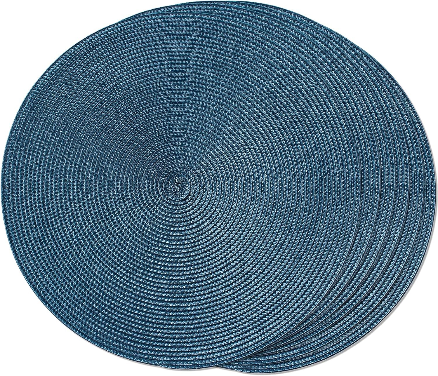 FunWheat Round Braided Placemats Set of 6 Table Mats for Dining Tables Woven Washable Non-Slip Place mats 15 in(Blue, 6pcs)
