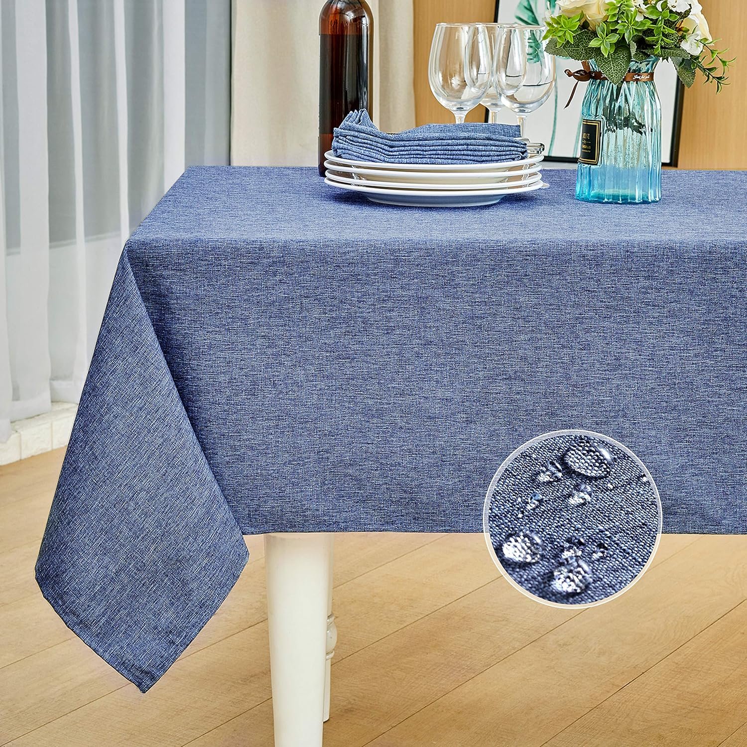 Mebakuk Rectangle Table Cloth Linen Farmhouse Tablecloth Waterproof Anti-Shrink Soft and Wrinkle Resistant Decorative Fabric Table Cover for Kitchen (Denim Blue, 52″ x 70″ (4-6 Seats))