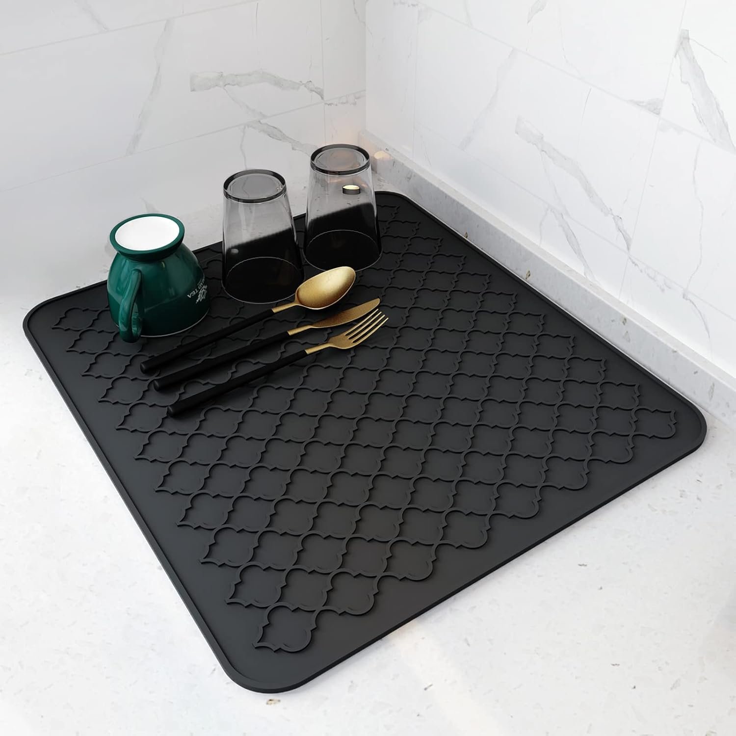 AMOAMI-Dish Drying Mats for Kitchen Counter-Silicone Dish Drying Mat-Kitchen Dish Drying Pad Heat Resistant Mat-Kitchen Gadgets Kitchen Accessories Kitchen Small Appliances(16″ x 18″, BLACK)