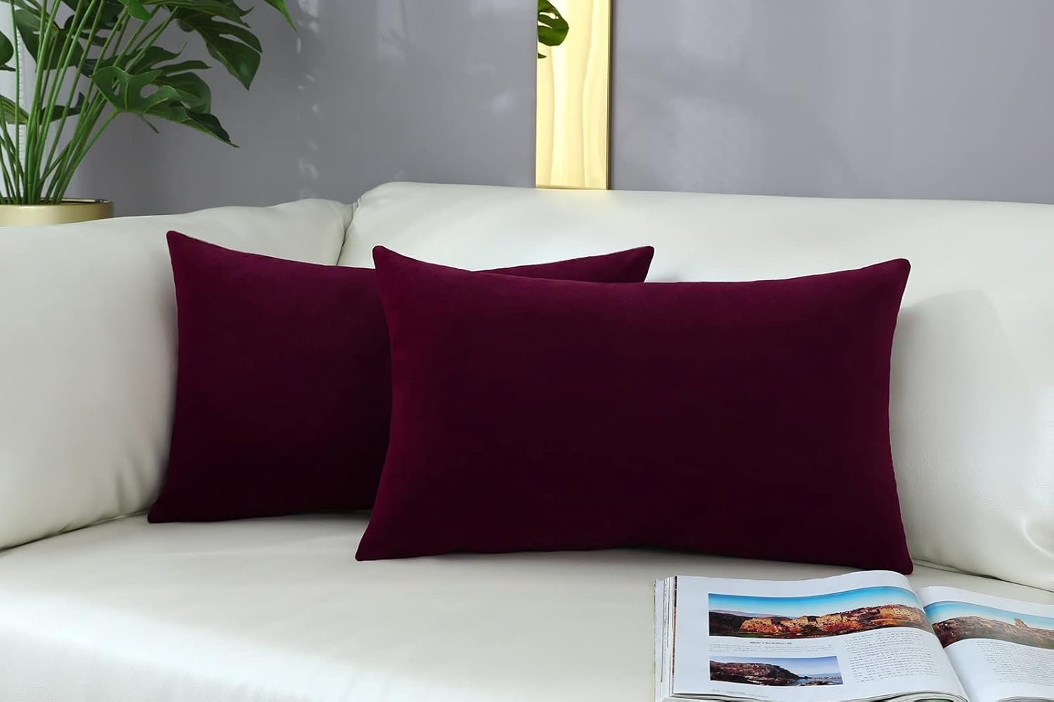 mixeoo Comfy Burgundy Red Throw Pillow Covers Decorative Lumbar Solid Rectangle Thick Velvet Super Soft Cushion Cases Home Decor for Sofa Couch Living Room Chair, Set of 2, 12 x 20 Inch