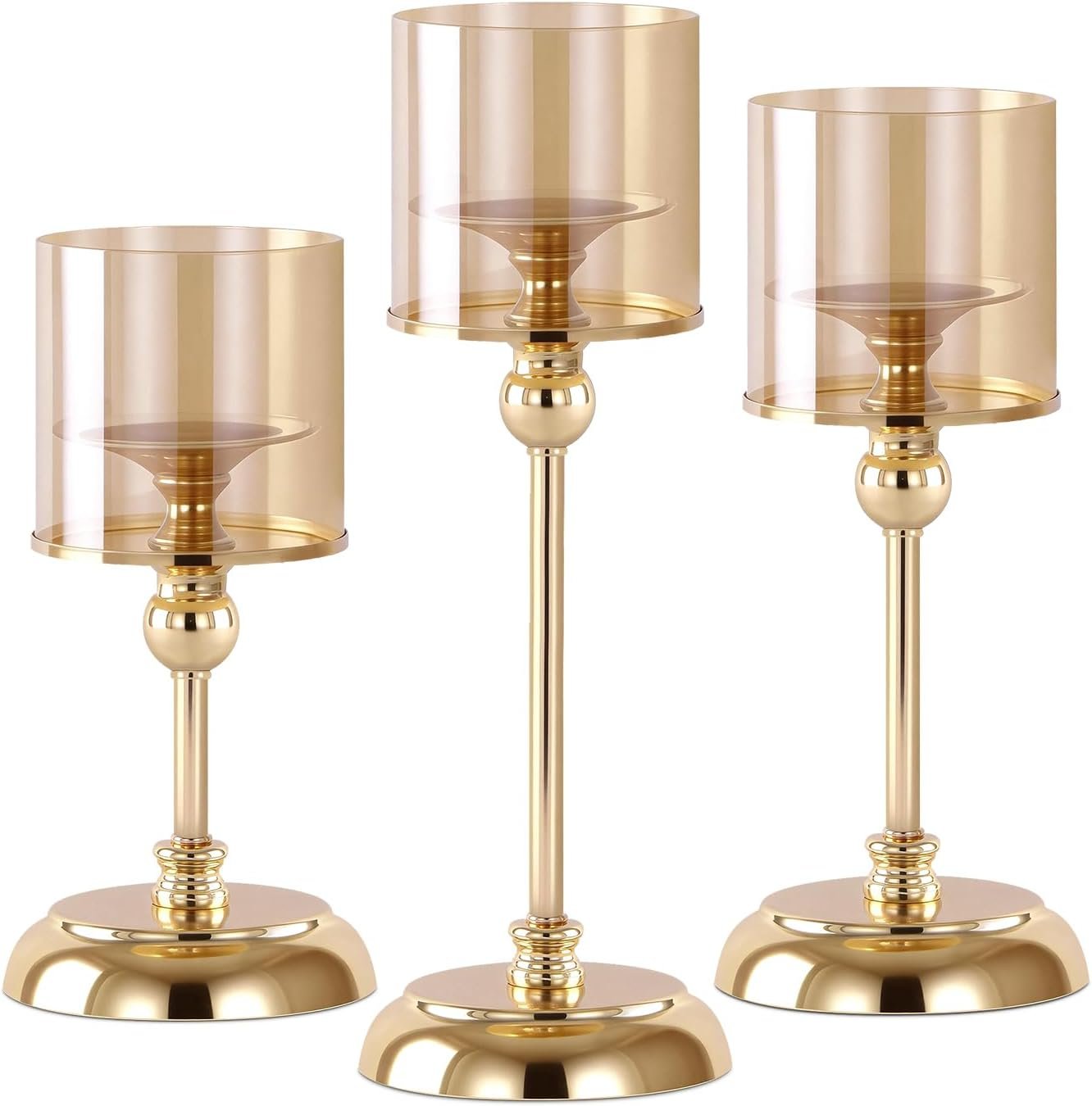 Gold Hurricane Candle Holders – Set of 3 Tall Candlestick Holders Windproof Taper Candle Holders, Metal Stand for Table Centerpiece Outdoor Indoor Wedding Party Holiday Decor