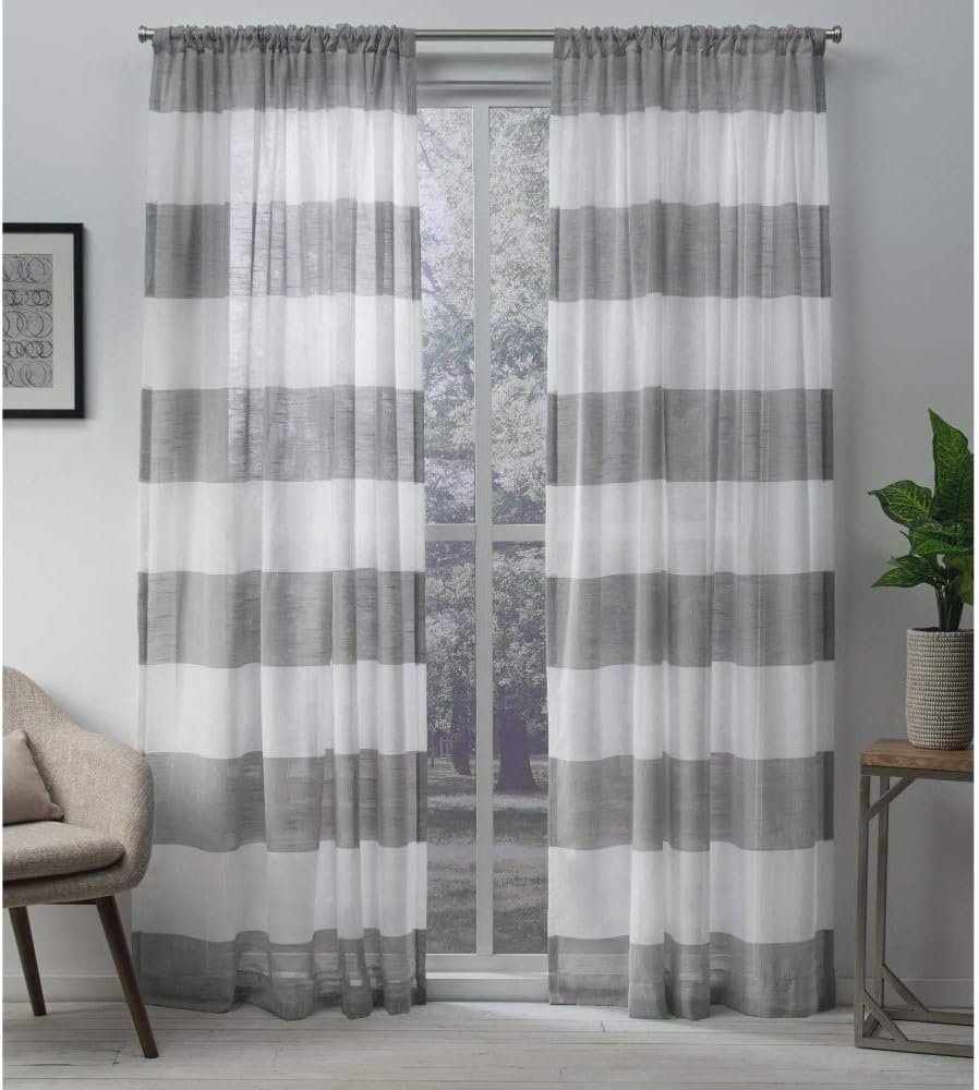 EXCLUSIVE HOME Darma Sheer Linen Rod Pocket Curtain Panel Pair, 50″x84″, Black Pearl