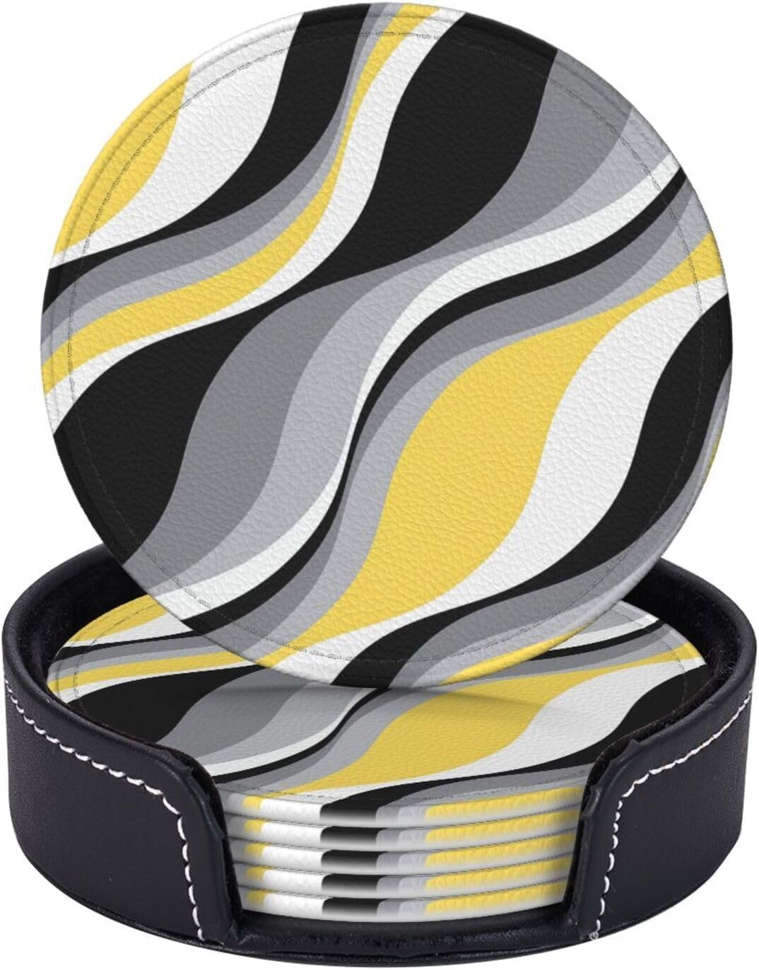 Marble Ombre Watercolor Ink Black Yellow Gray Wavy Pattern Premium Leather Coasters – Set of 6 with Holder, Stylish Beverage Coasters for Kitchen, Coffee and Home Decor 4 X 4 Inch
