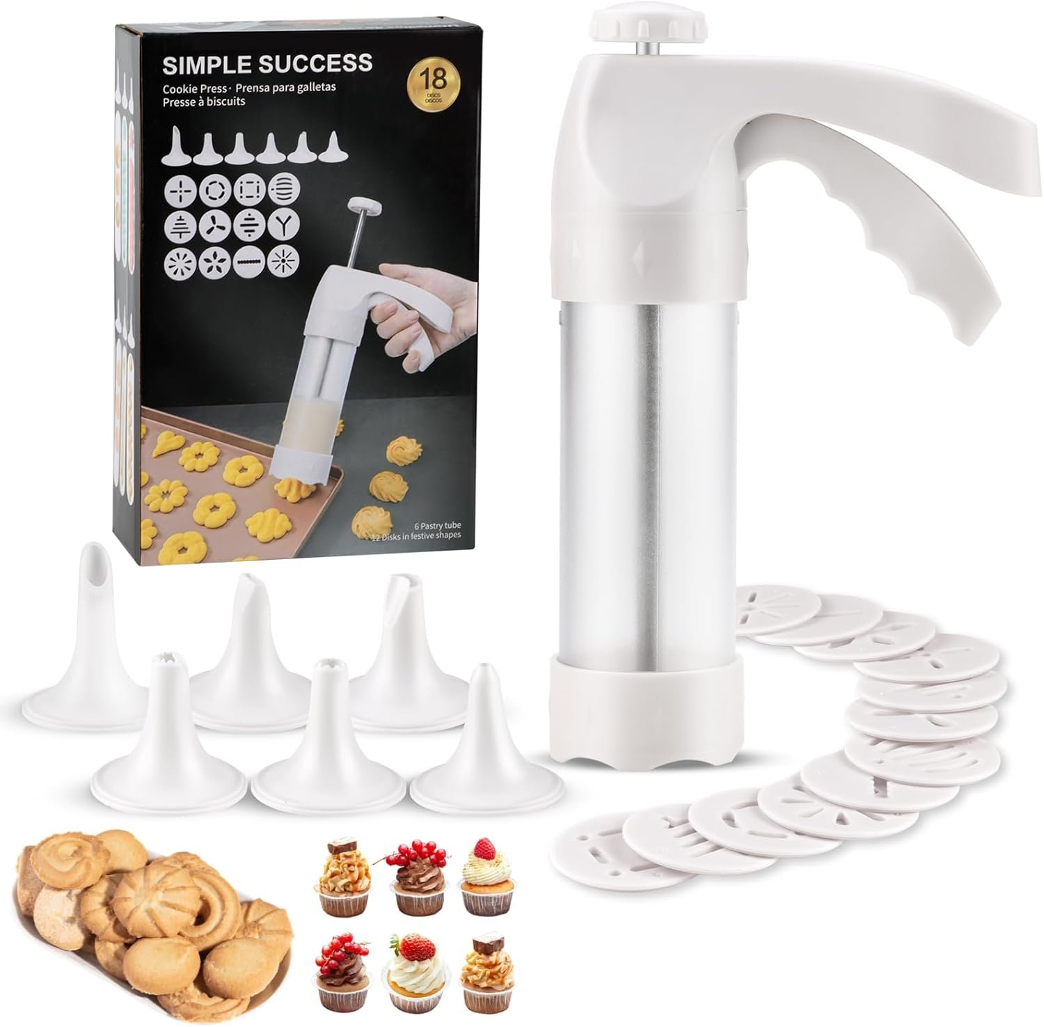 Cookie Press for Baking, Spritz Cookie Press, Cookie Press Gun Kit with 12 Cookie Press Discs and 6 Icing Tips, for DIY Biscuit Maker, Cake Icing Decoration,White
