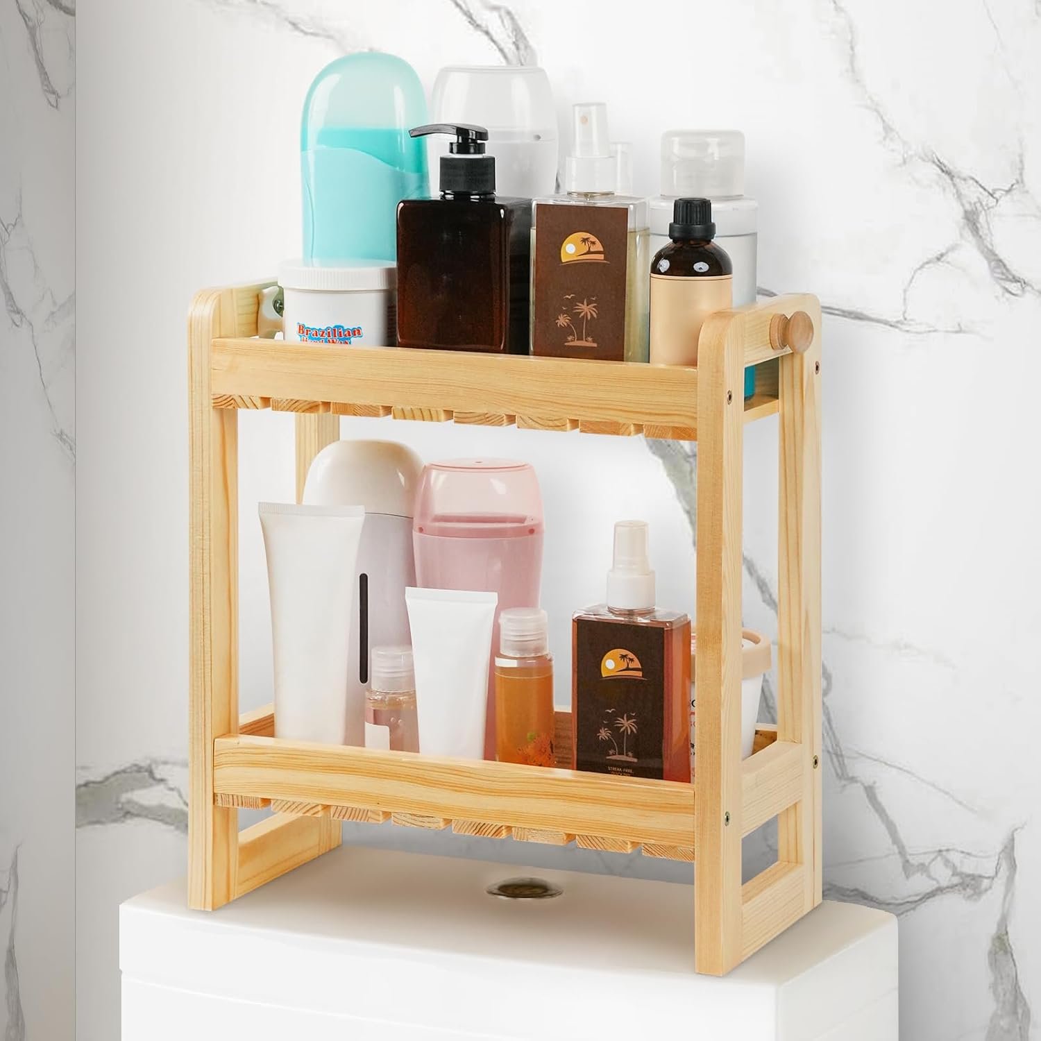 Over-The-Toilet Storage Shelf Organizer, 2-Tier Bamboo Bathroom Countertop Organizer for Towels, Toilet Paper, Plants, Makeup, Small Space Saver Rack for Bathroom, Dresser, Vanity, or Kitchen Use