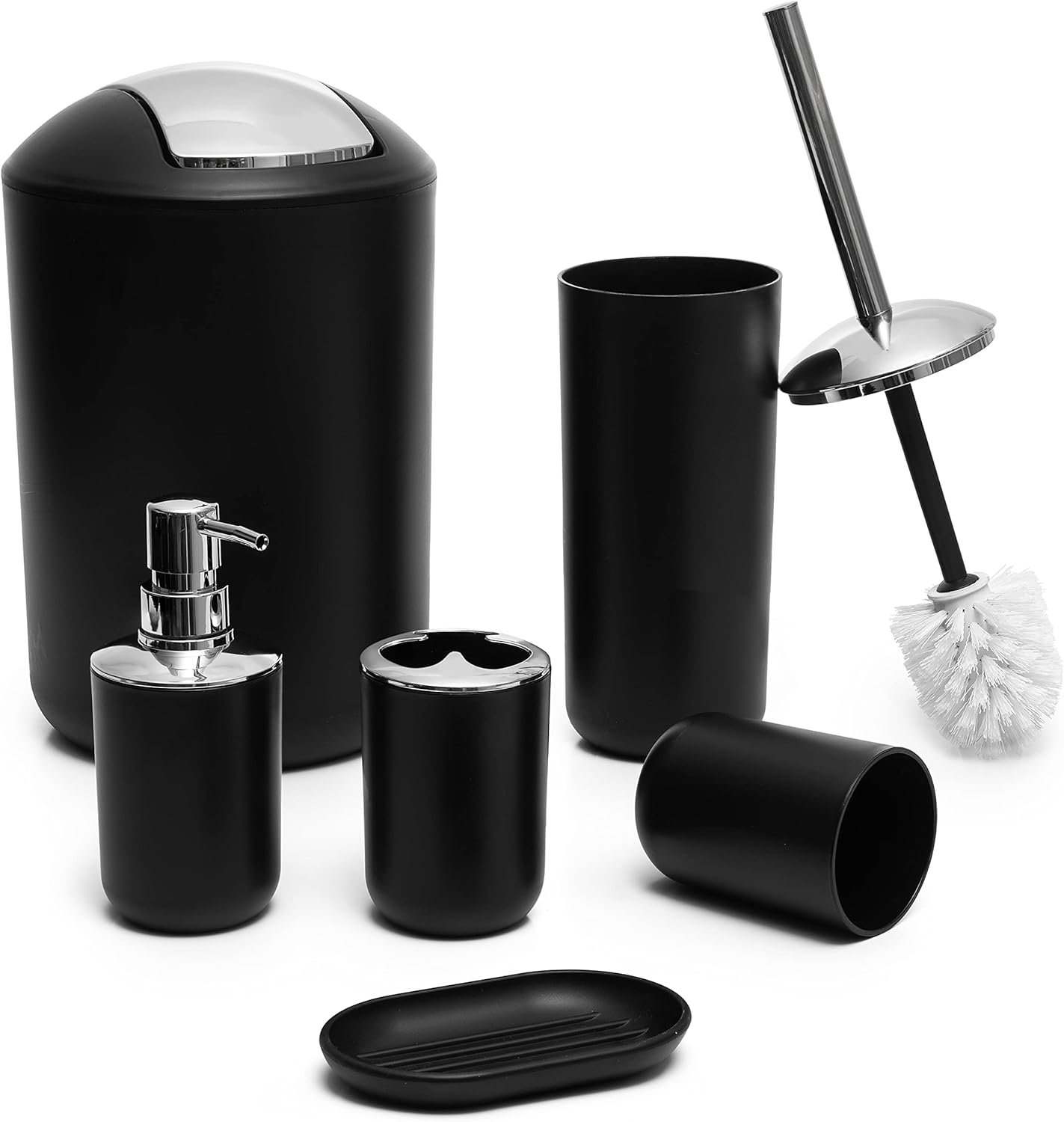 Moss & Stone 6-Piece Bathroom Accessories Set, Includes Soap Dispenser, Toothbrush Holder, Toothbrush Cup, Soap Dish, Complete Black Bathroom Decor Set