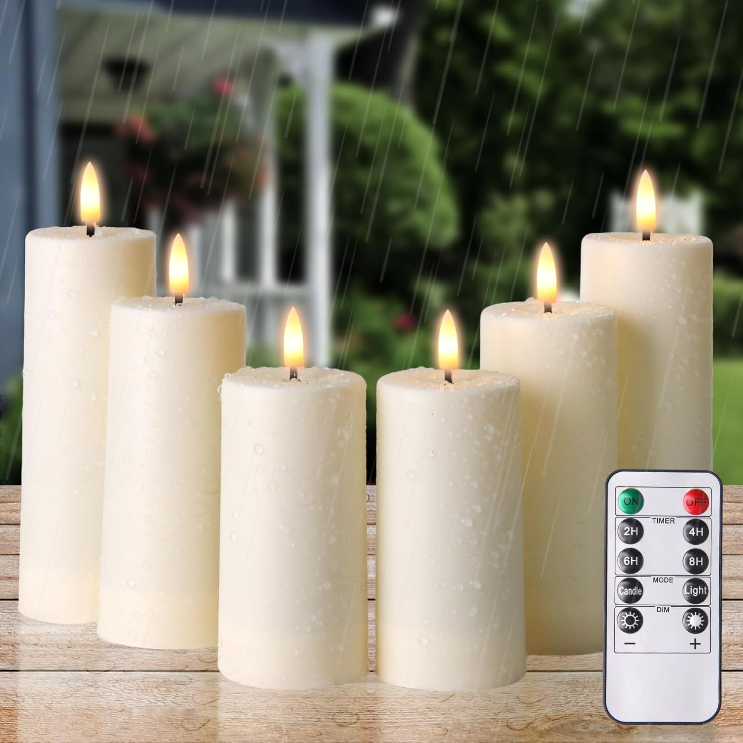 6pcs Flameless Candles with Remote Timers Outdoor Waterproof Battery Operated Candle Fake Electric Led Pillar Candles for Patio Porch Laterns Chrismas Halloween Wedding Fall Decor (D2×H4 5″ 6″)