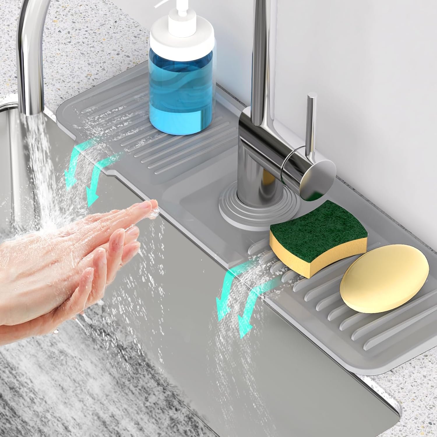 17.7” Faucet Mat for Kitchen Sink [5°Slope Fast Self-draining] Kitchen Sink Splash Guard Silicone Kitchen Sink Faucet Mat Splash Guard for Kitchen Sink Area Tidy Splash Faucet Guard Draining Mat