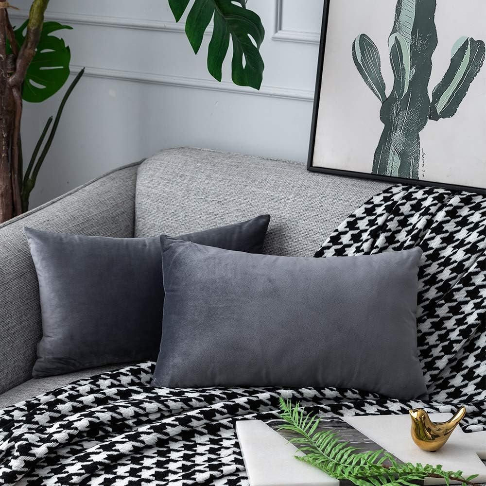 UPOPO Dark Grey Velvet Throw Pillow Covers Rectangle Lumbar Pillowcase Soft Solid Color Set Cushion Case for Sofa Living Room Car 2 Pieces 12″ x 20″