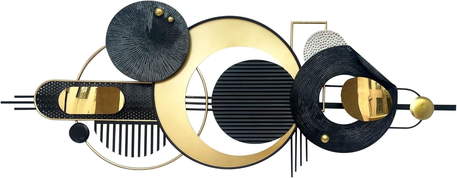 Large Modern Abstract Metal Wall Art, Black and Gold Geometric Circles Wall Decoration, Contemporary Home Decor,59 × 24 in Wall Art for Living Room/Dinning Room/Bedroom/Entryway/Kitchen/Office