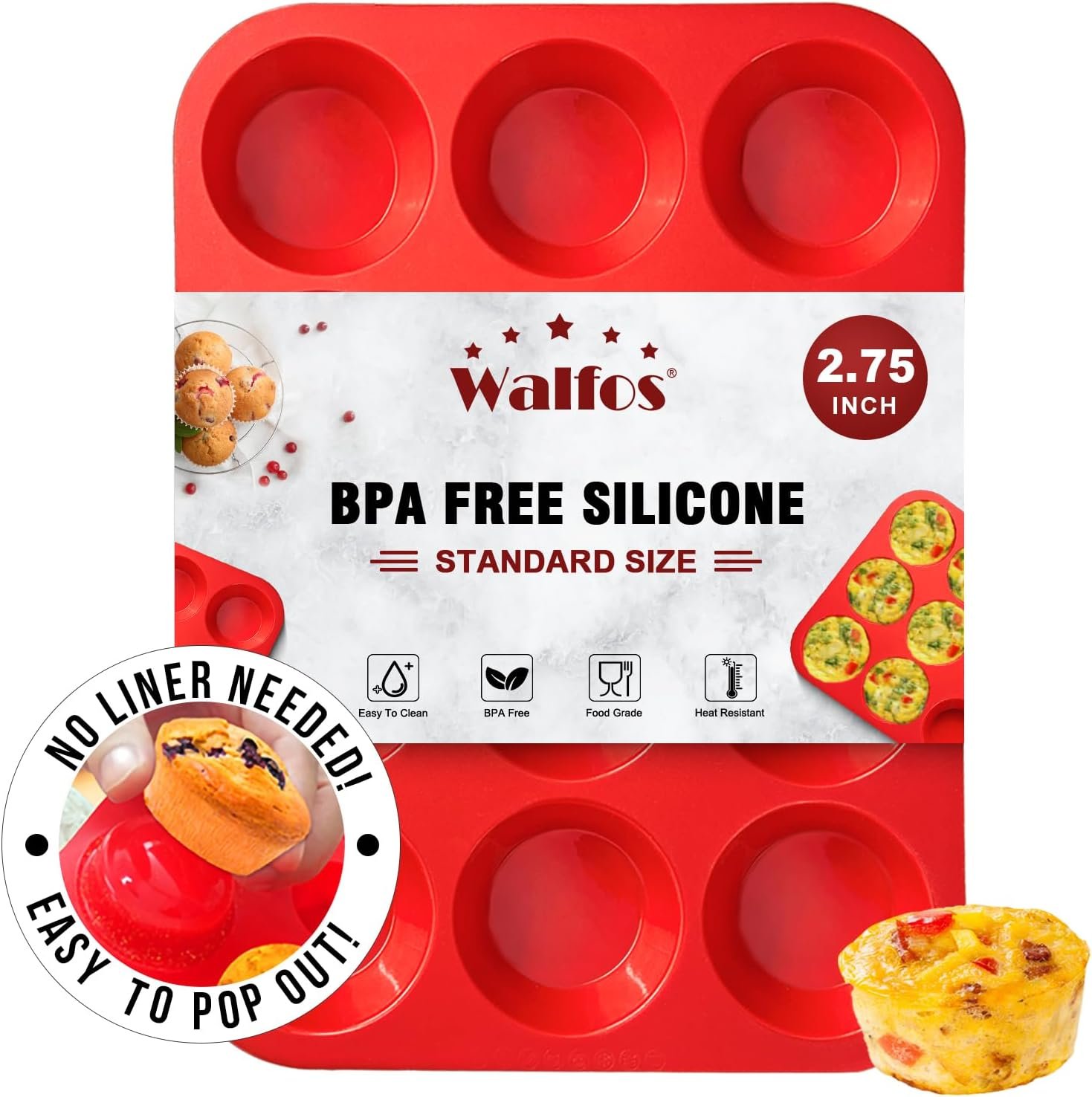 Walfos Silicone Muffin Pan – 12 Cups Regular Silicone Cupcake Pan, Non-stick Great for Making Muffin Cakes, Tart, Bread – BPA Free and Dishwasher Safe