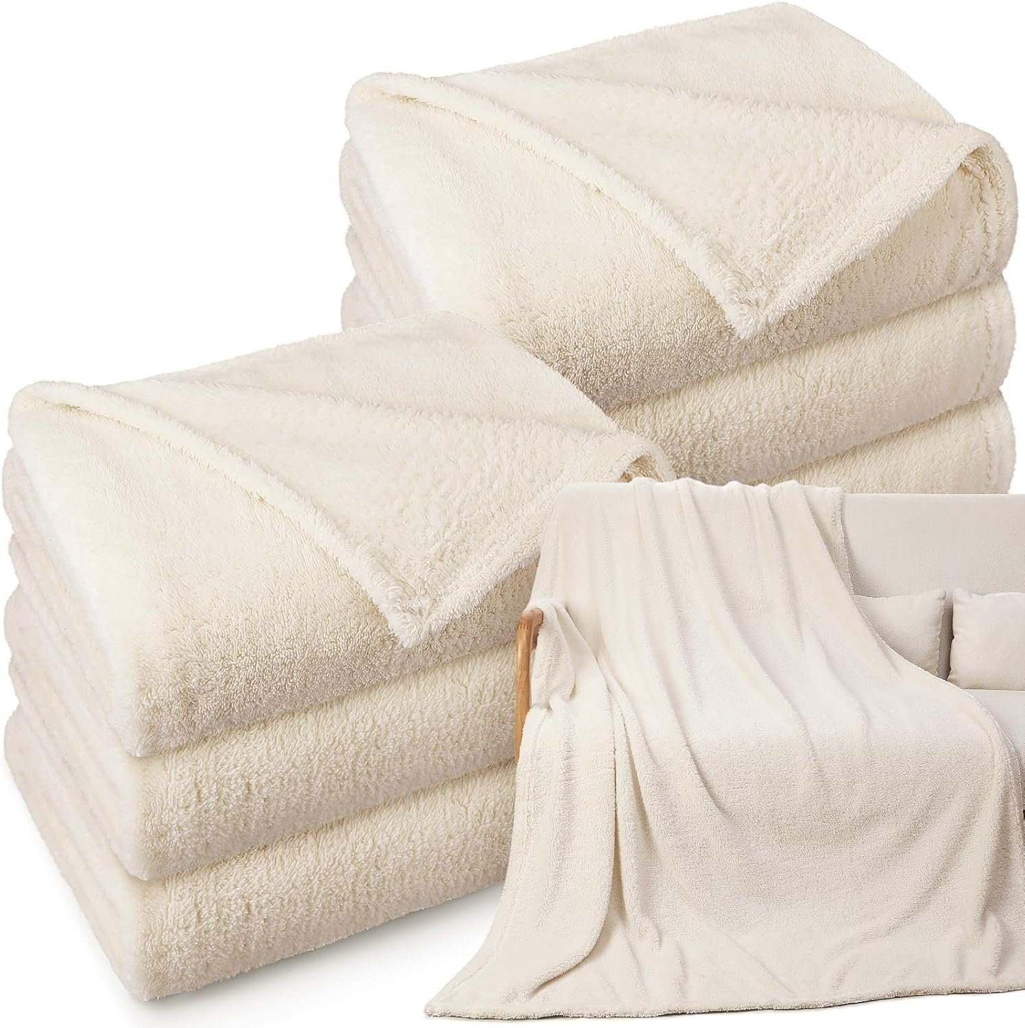 Tinideya 6 Pack Sherpa Fleece Throw Blankets Bulk 50″x 60″ Soft Plush Wedding Throw Blankets for Couch Sofa Spa Sleepover Party Favor Supplies Travel Guest Room Home Decor (Ivory)