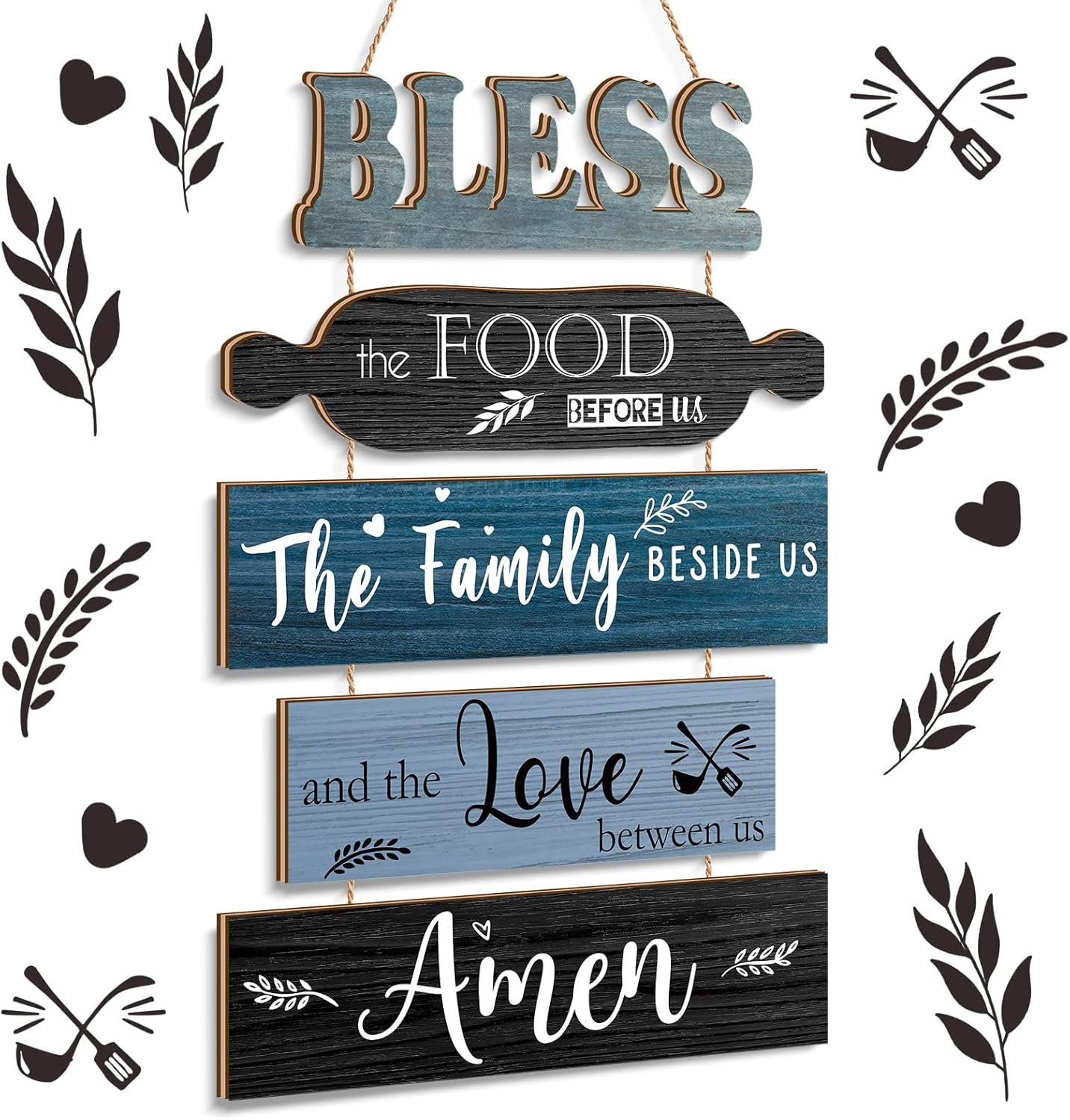 Geetery Bless The Food Before Us Wall Decor Farmhouse Kitchen Decor Rustic Dining Room Wall Art Vintage Country Wooden Hanging Sign(Farmhouse Blue)