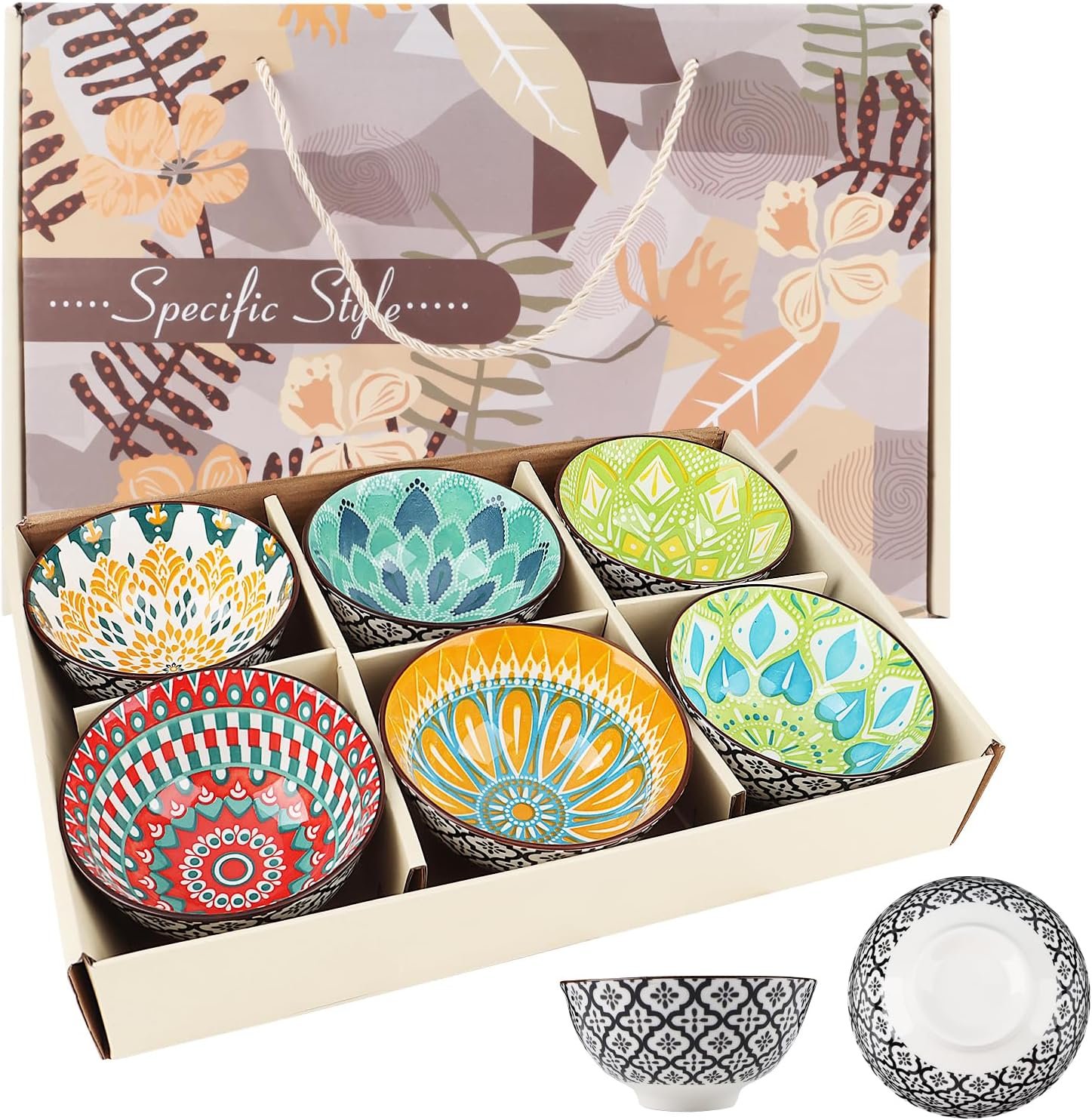 6 Pcs Colorful Ceramic Rice Bowl Set,10 oz 4.75” Porcelain Kitchen Dessert Soup Serving Bowls for Snack Salad Ice Cream Pasta Cereal,Microwave and Dishwasher Safe