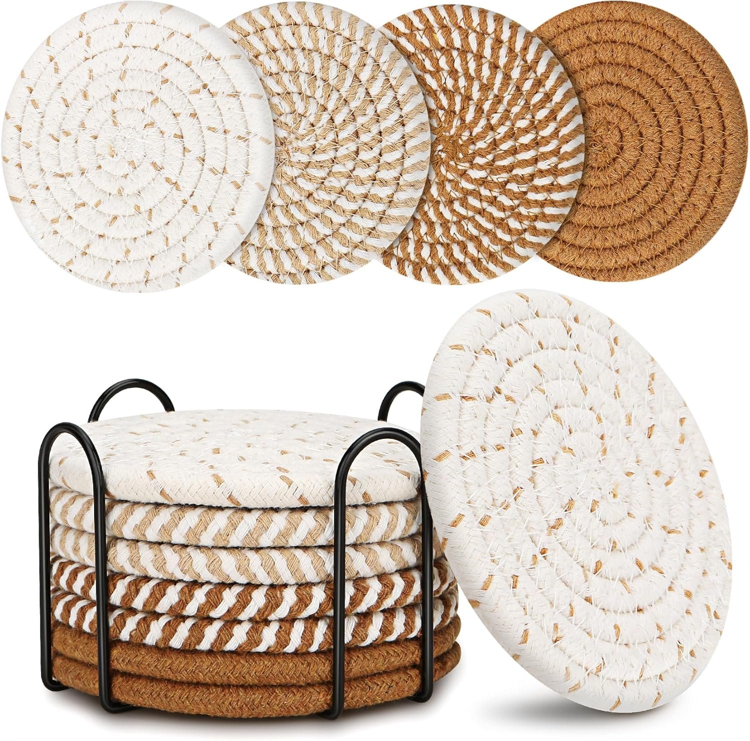 Coasters for Drinks, Coasters Set of 4 – Color, 8 Pack Coaster Set, Boho Coaster with Holder, Coffee Table Decor, Living Room Decor, Kitchen Table Decor