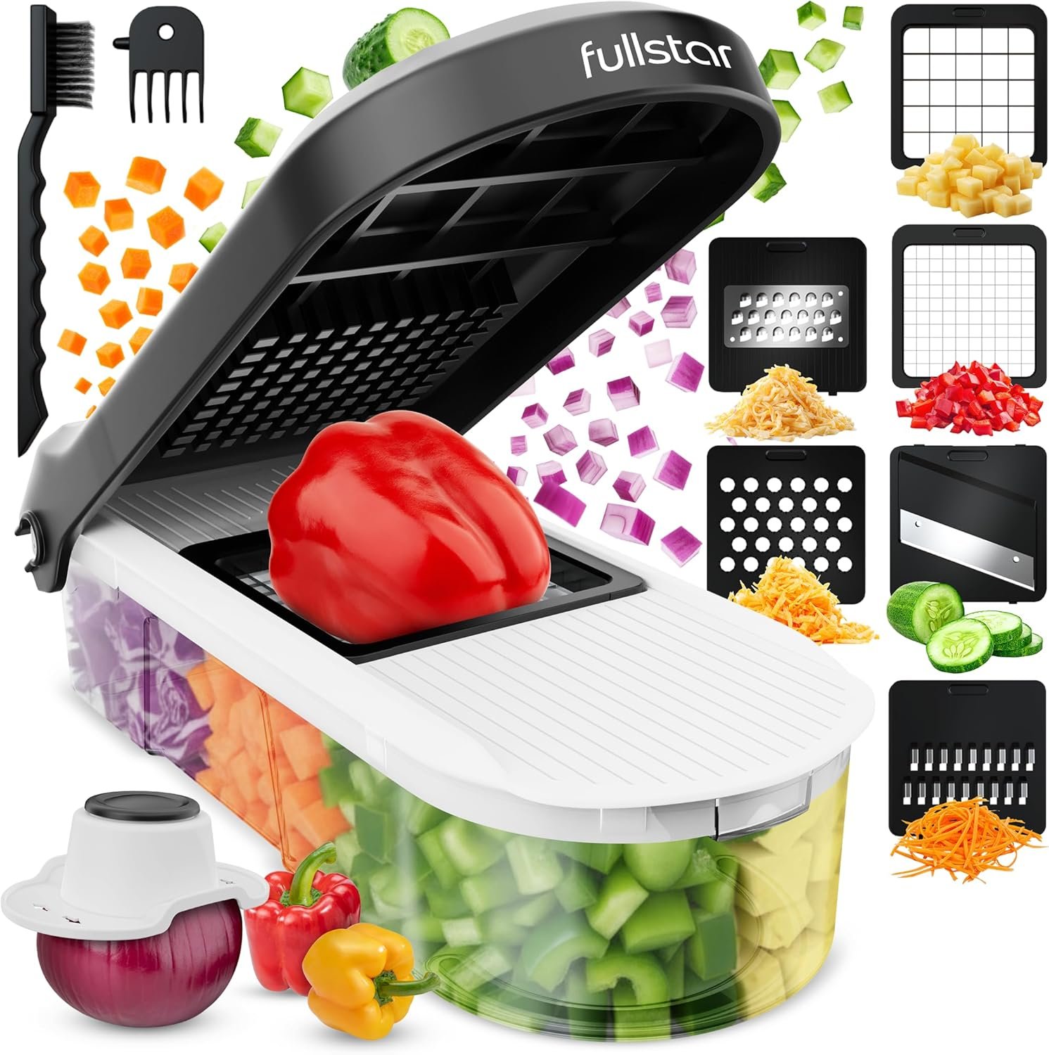 Fullstar Mandoline Slicer for Kitchen – Vegetable Chopper, Onion Potato Food Veggie Fruit Slicer and Cutter with Container, Kitchen Gadgets & Gifts, Home Essentials (6-in-1, White/Black)