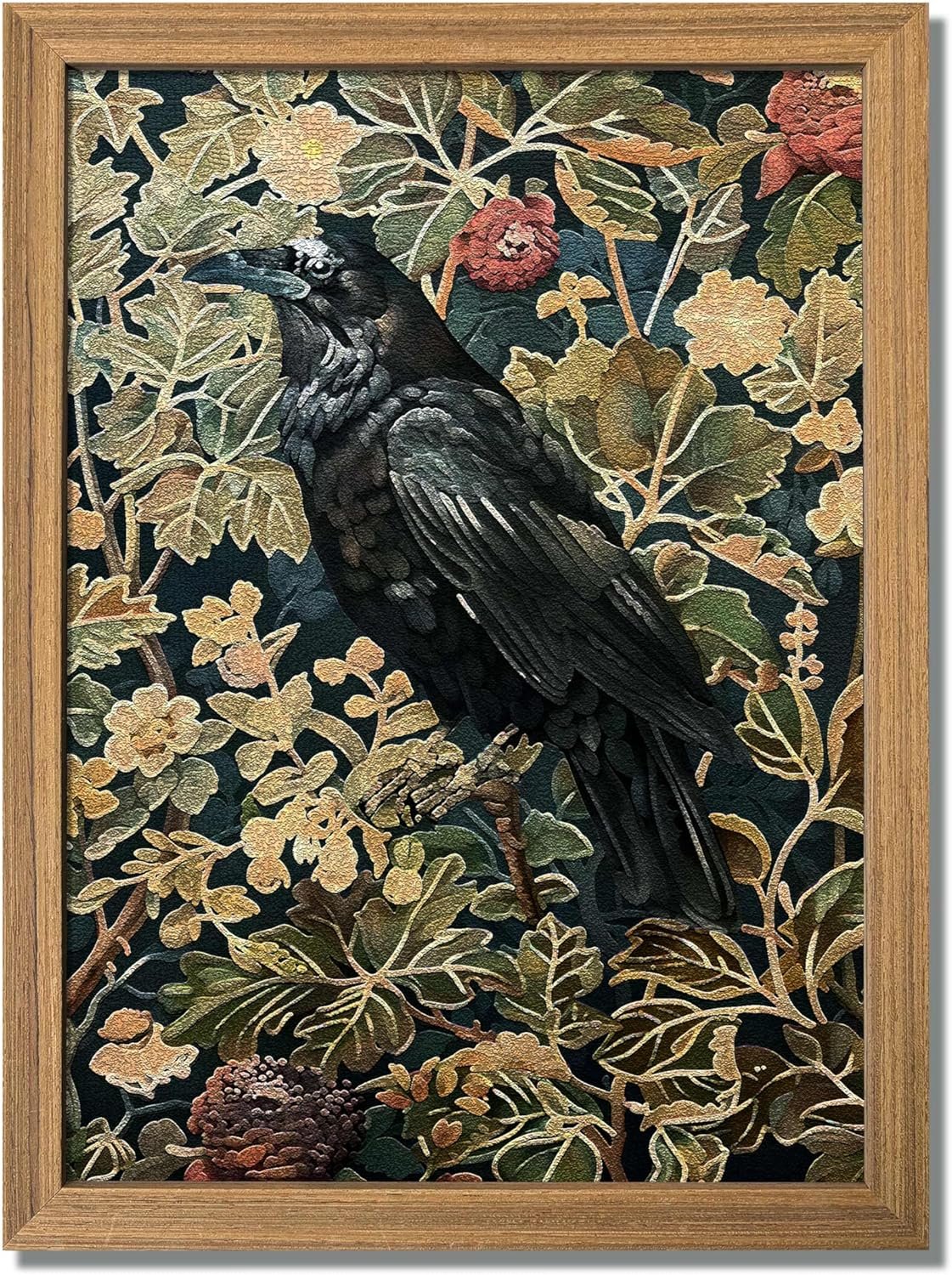 AKWISH Framed 3D Textured Vintage Wall Art – Dark Academia Decor Hand Drawn Sandstone Black Crow Paintings with Botanical Florals, Aesthetic Wall Decor for Living Room Bedroom Home 12×16 inch