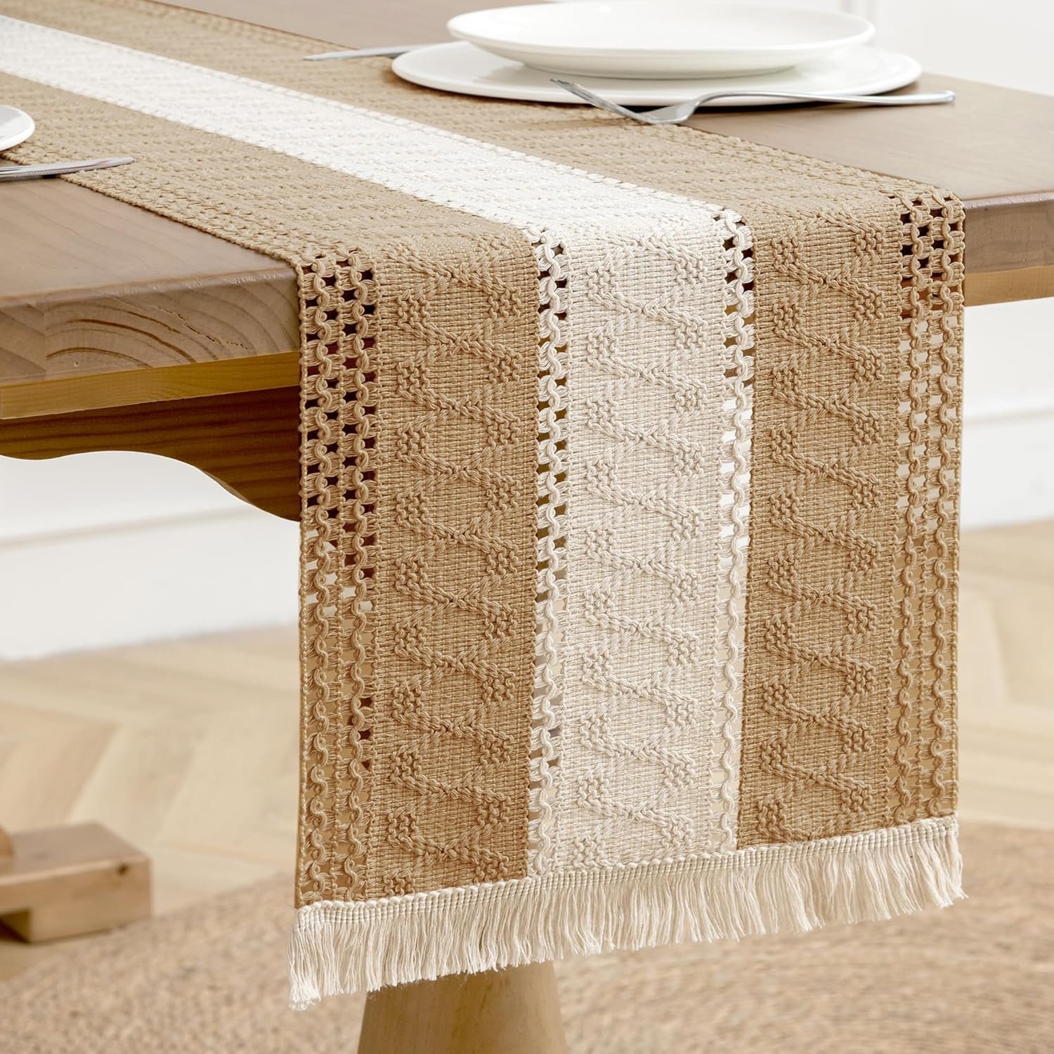 Farmhouse Table Runner Beige Ivory Boho Table Runners with Tassels Woven Texture Linen Table Runner Neutral Bohemian Decoration for Kitchen Dining Table (Brown, 12″x86″)