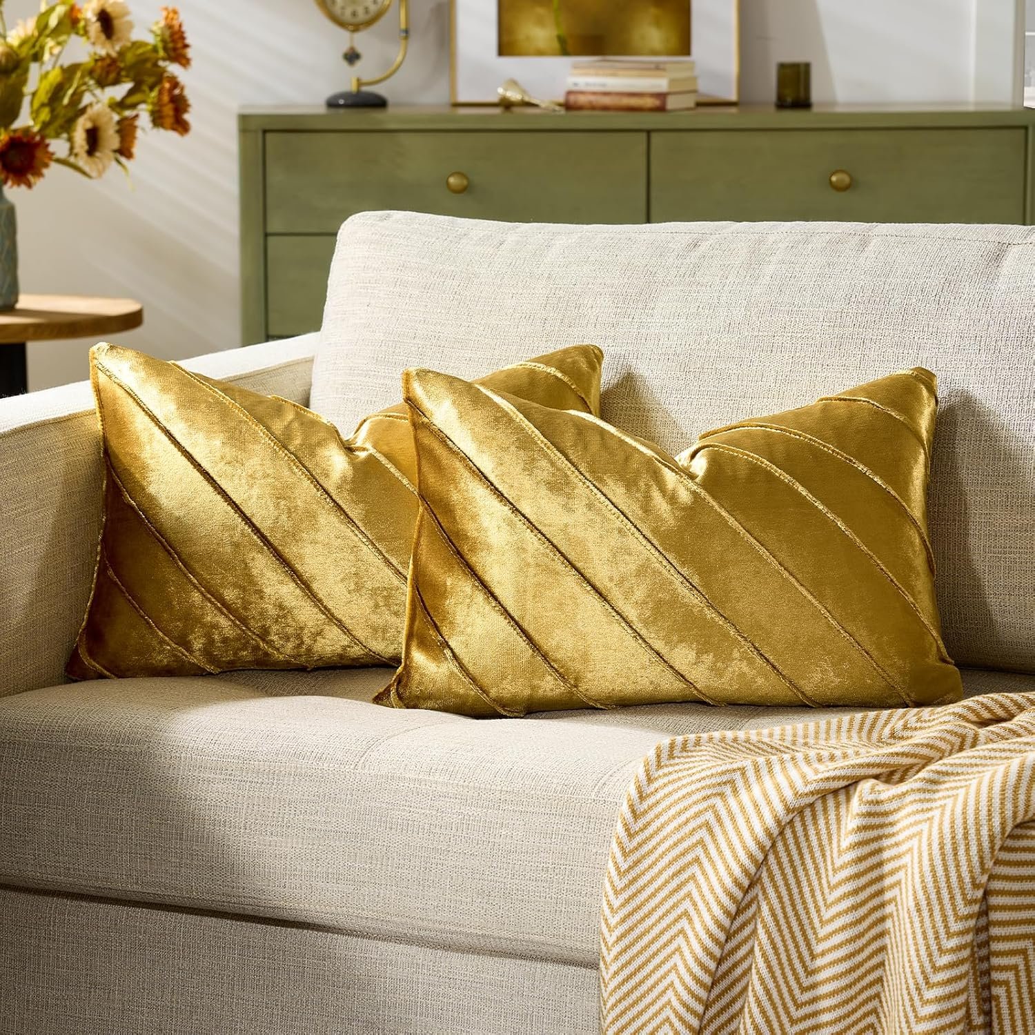 GIGIZAZA Decorative Velvet Pillow Covers 12×20, Set of 2 Gold Sofa Couch Lumbar Throw Pillows Covers Cases, Living Room Square Cushion Accent Stripe Covers
